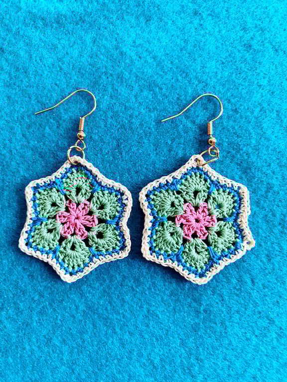 Homemade Crocheted African Style Flower Earrings 