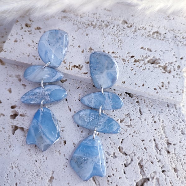 Marbled blue, white and silver earrings 