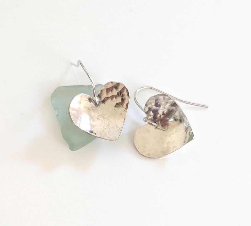 Heart Domed Textured Sterling Silver Drop Earrings