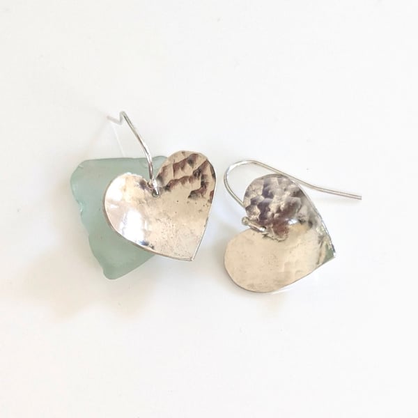 Heart Domed Textured Sterling Silver Drop Earrings