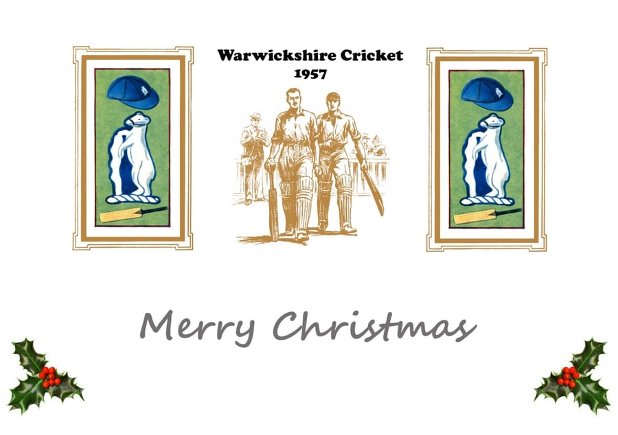 Christmas card cricket vintage 1957 Warwickshire badge design. FREE UK P&P