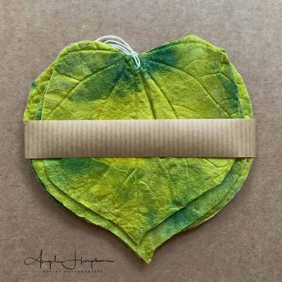 Silk Fibre Tags or Hanging Decorations  - Four Green Heart Shaped Leaves