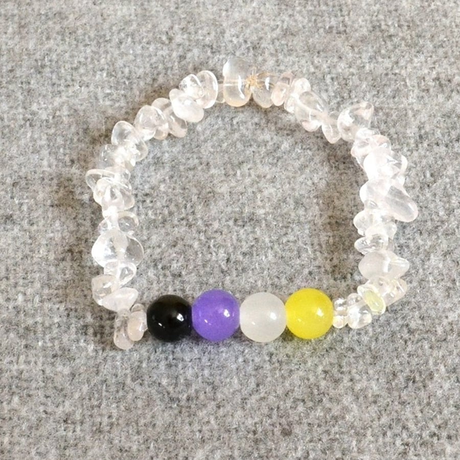 Nonbinary Pride – Elastic Bracelet with Glass Beads and Clear Quartz Chip