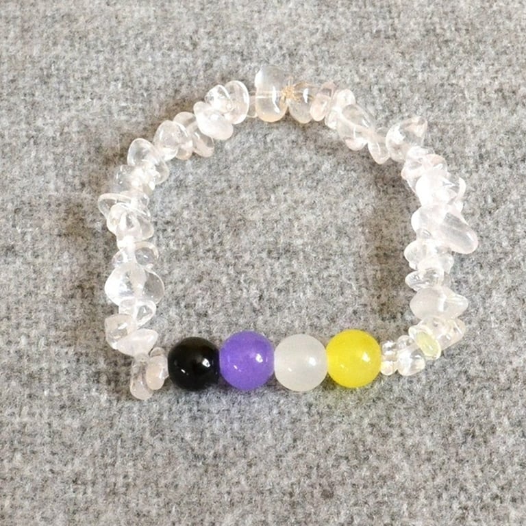 Nonbinary Pride – Elastic Bracelet with Glass Beads and Clear Quartz Chip