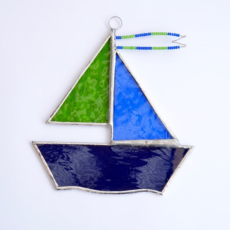 Stained Glass Sail Boat Suncatcher - Handmade Decoration - Lime and Turq