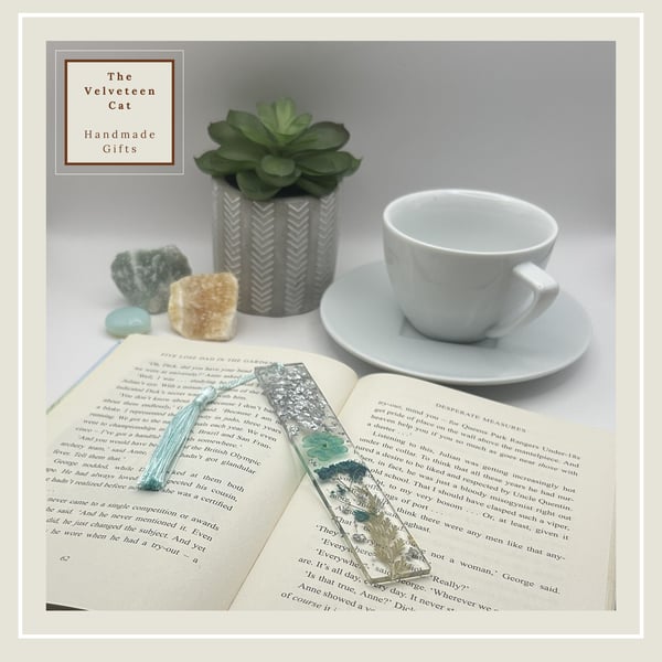Perfectly Imperfect Resin Dried Flower Bookmark Page Marker Light Blue, Silver