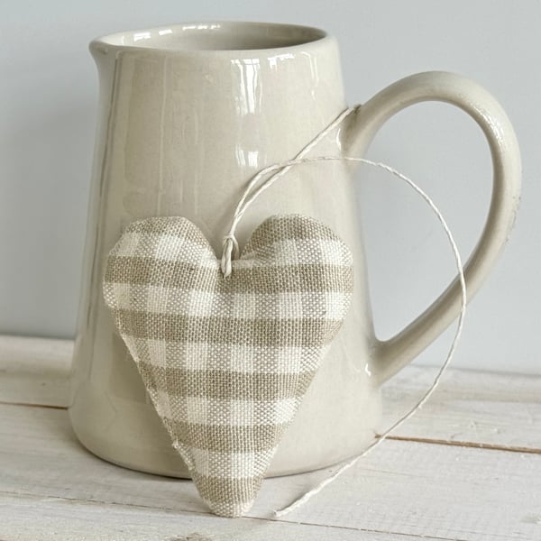 MINI HEART DECORATION - taupe gingham checks, with lavender