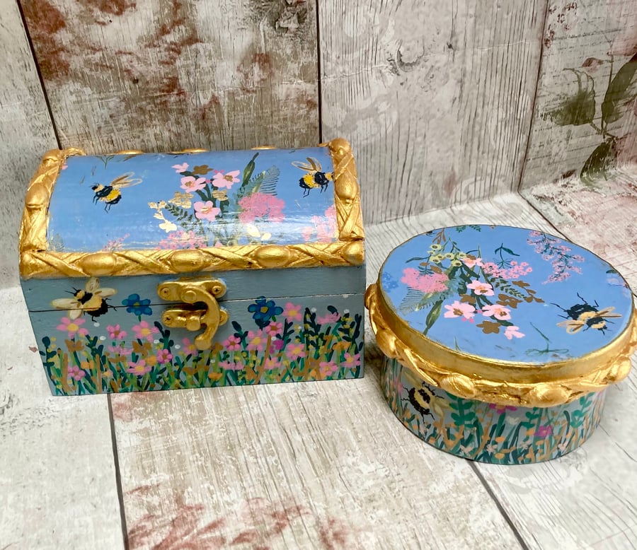 Set of 2 Hand Painted Bumble Bee Meadow Trinket Jewellery Boxes