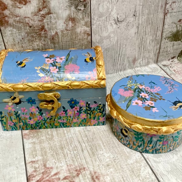 Set of 2 Hand Painted Bumble Bee Meadow Trinket Jewellery Boxes