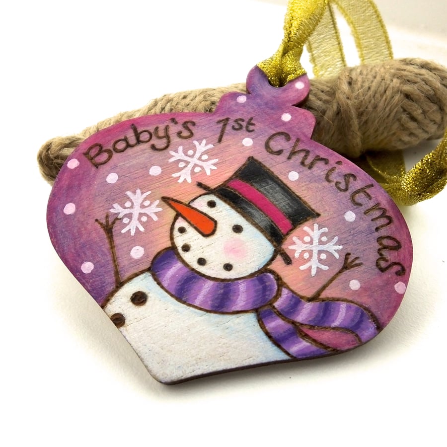 Baby's First Christmas wooden pyrography bauble shape tree decoration