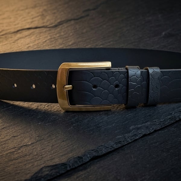 Black Full Grain Embossed Cowhide Belt Floral Basketweave Mens Belt 38mm