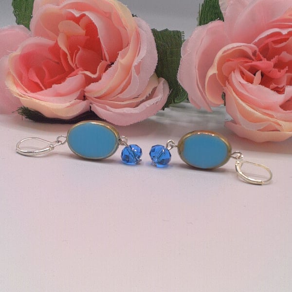 Blue Ceramic Oval Bead and Crystal Earrings, Gift for Her, Blue Ceramic Earrings