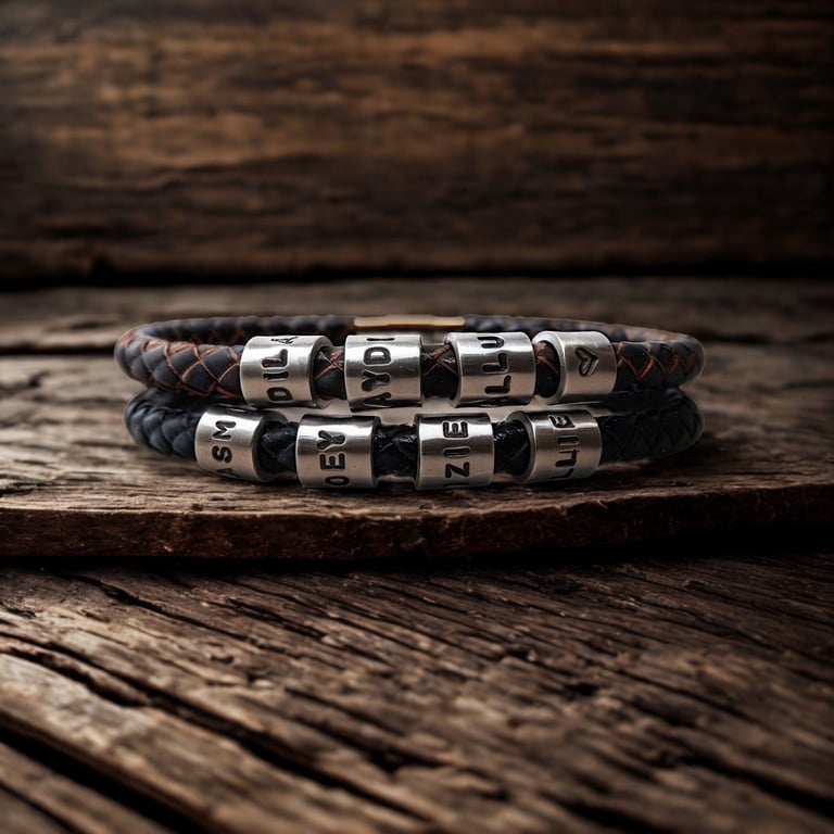 Men's Personalised Leather Bracelet with Four Hand Stamped Rings - Free Delivery
