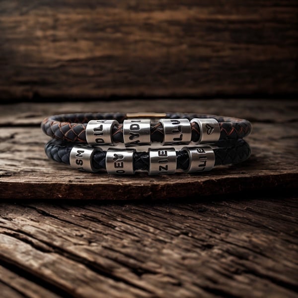 Men's Personalised Leather Bracelet with Four Hand Stamped Rings - Free Delivery