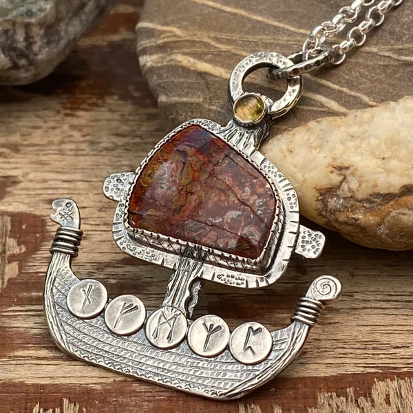 Viking Ship Pendant with Hungarian Agate and Citrine