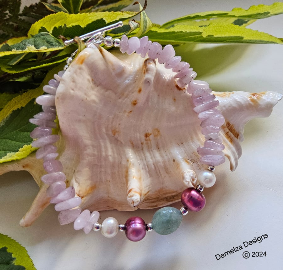  Designer Baroque Pearl, Kunzite & Aquamarine Sterling Silver Bracelet