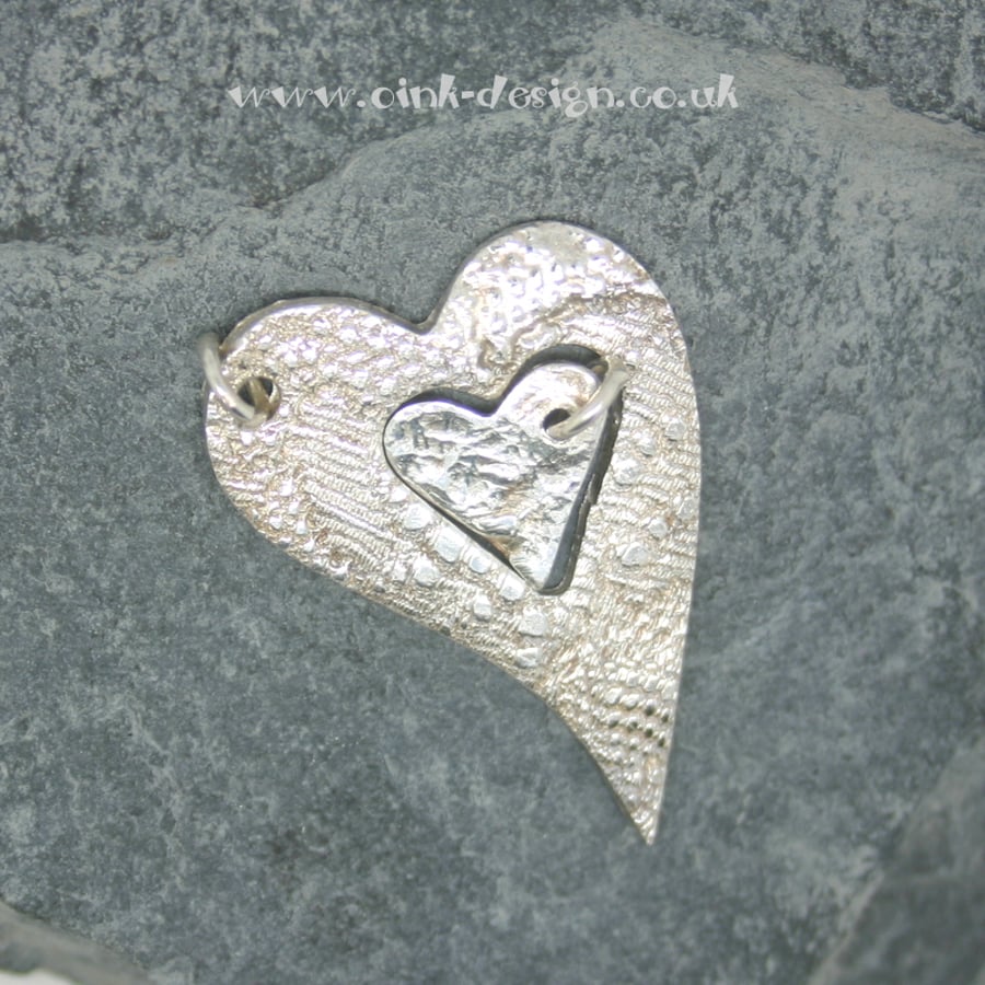 Mummy and Me. Two fine silver patterned heart pendants