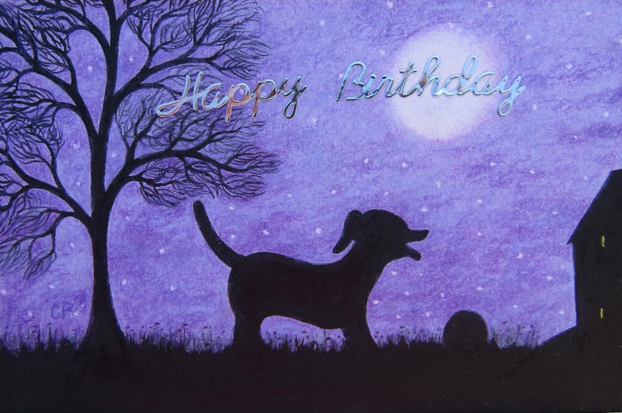 Dog Birthday Card, Labrador Silhouette Card, Purple Art Card, Tree Moon Dog Ball
