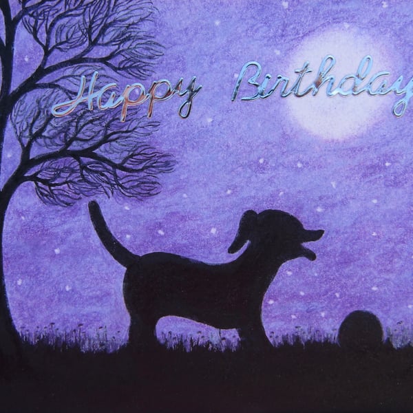 Dog Birthday Card, Labrador Silhouette Card, Purple Art Card, Tree Moon Dog Ball