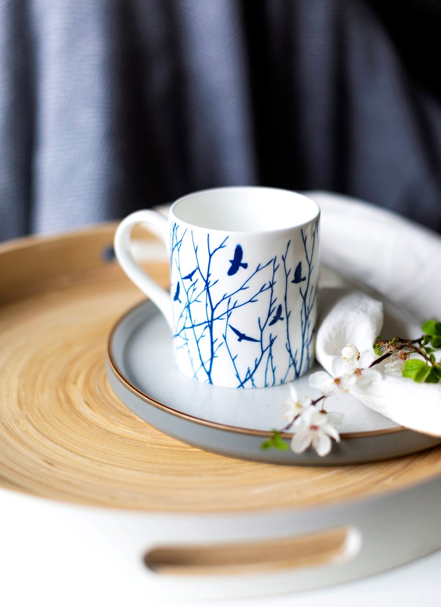Fine bone china mug, flock of birds & branches, Coffee mug, Nature inspired gift