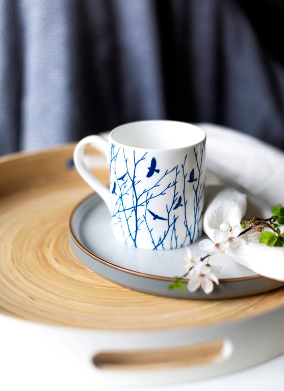 Fine bone china mug, flock of birds & branches, Coffee mug, Nature inspired gift