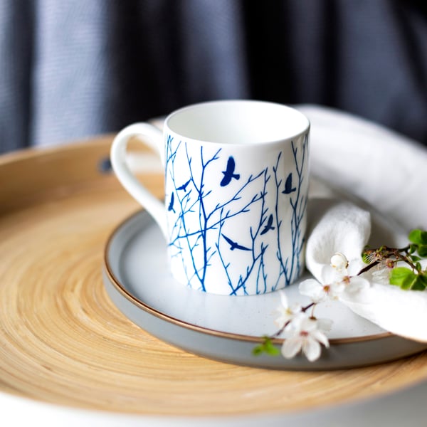 Fine bone china mug, flock of birds & branches, Birthday gift