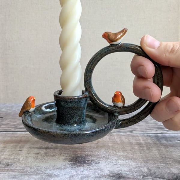 Ceramic taper candle holder with mini robins, brown blue glaze