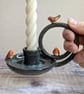 Ceramic taper candle holder with mini robins, brown blue glaze