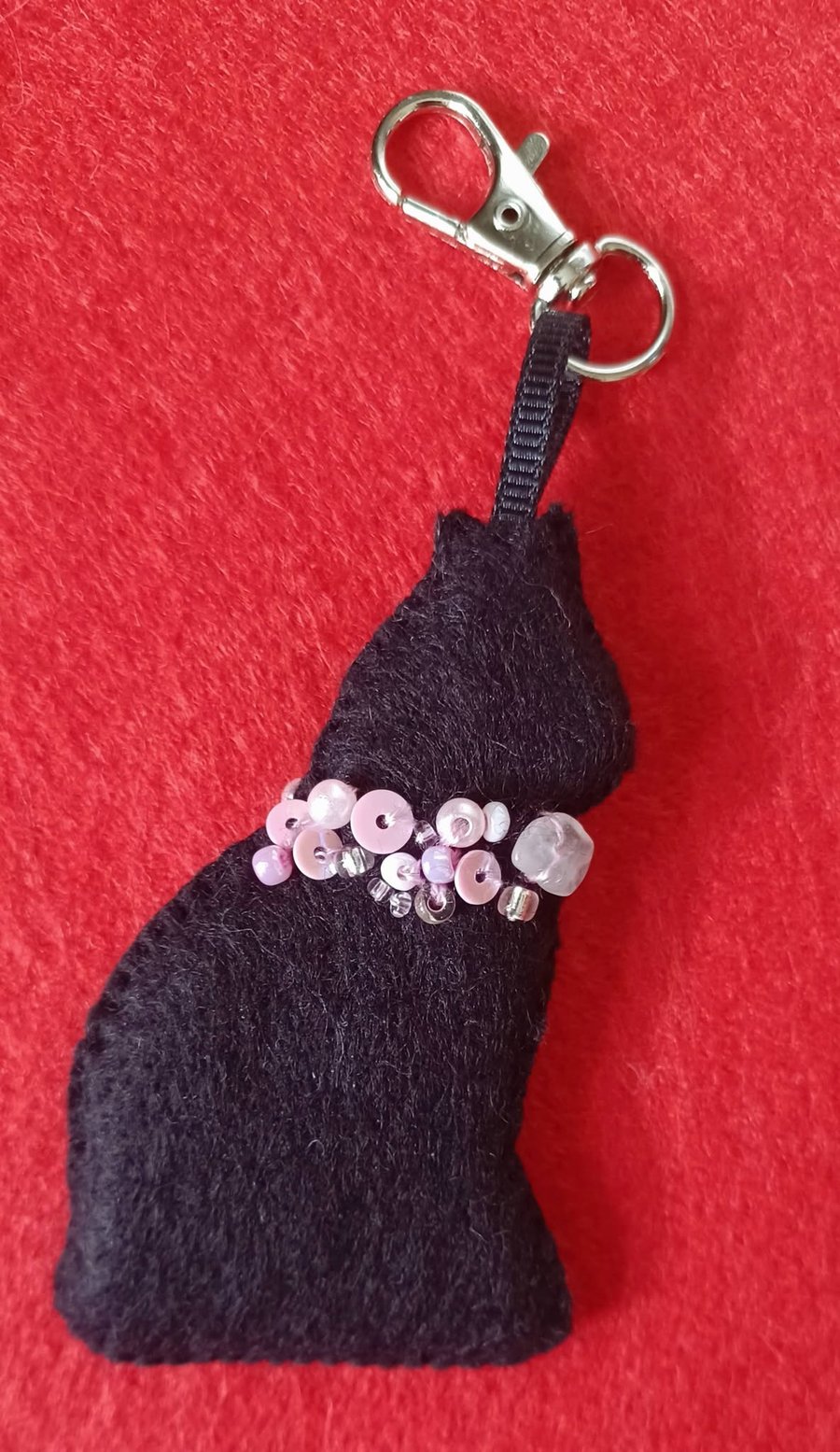 Handmade Black Cat Felt Bag Charm with Rose Quartz Crystals