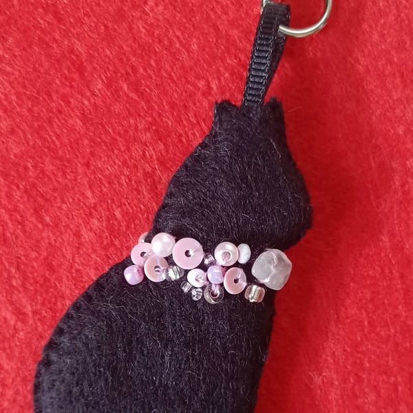 Handmade Black Cat Felt Bag Charm with Rose Quartz Crystals