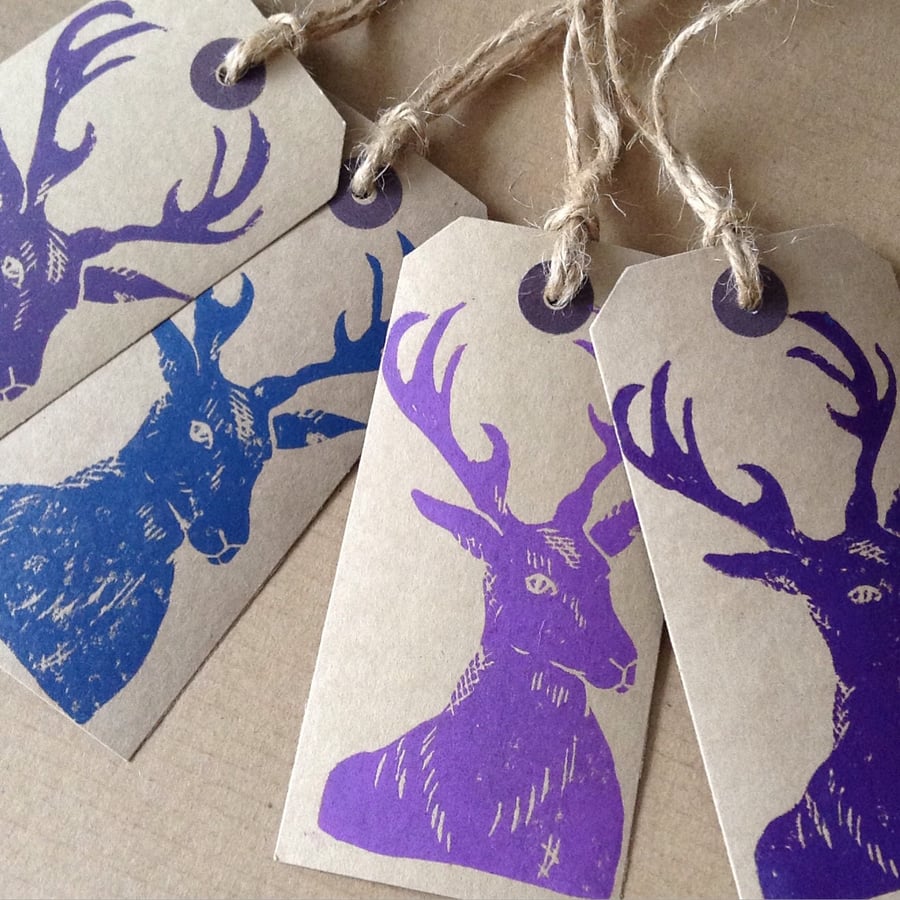 Set of four hand Printed Stag Gift Tags