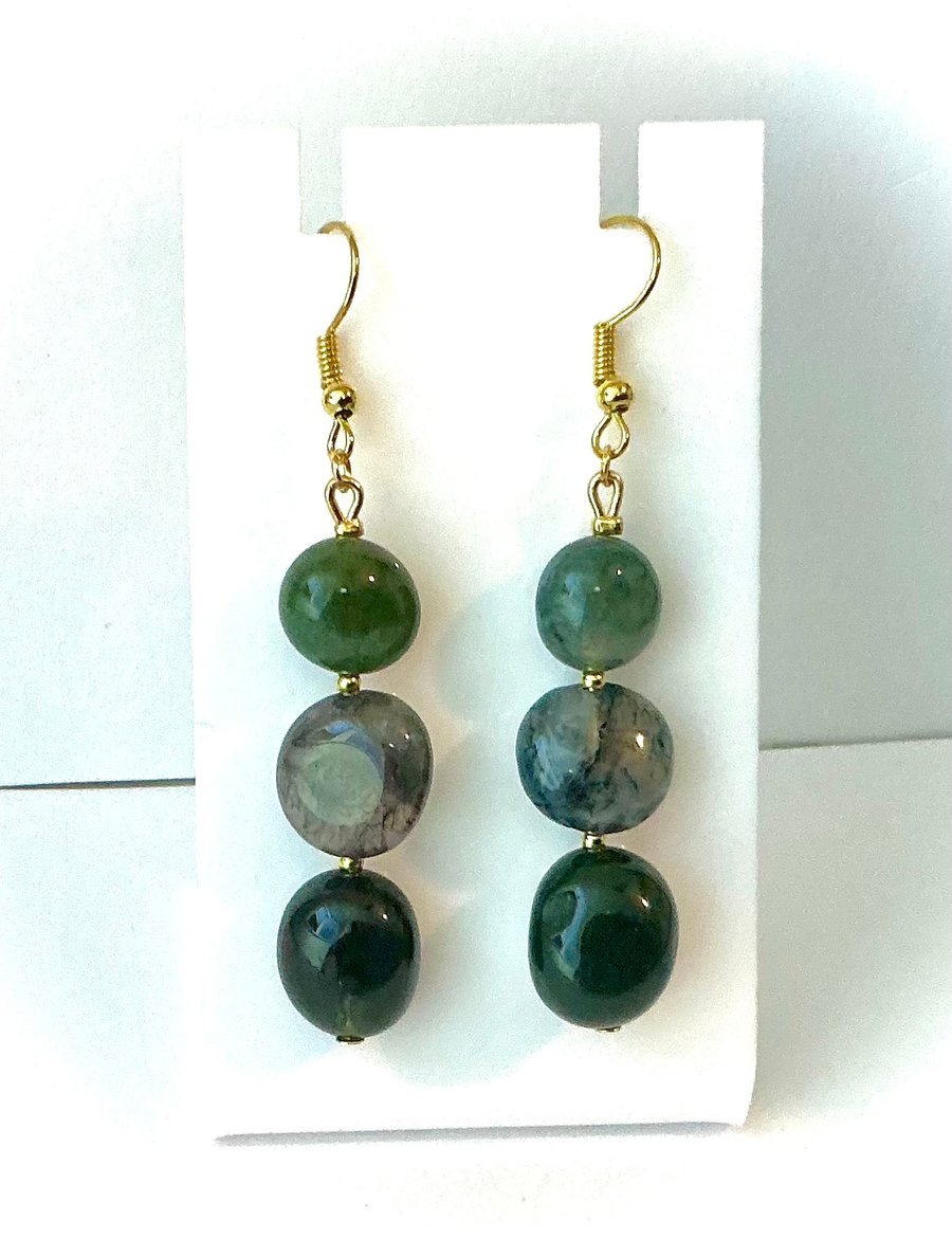 Dark Green Moss Agate Gemstone Earrings
