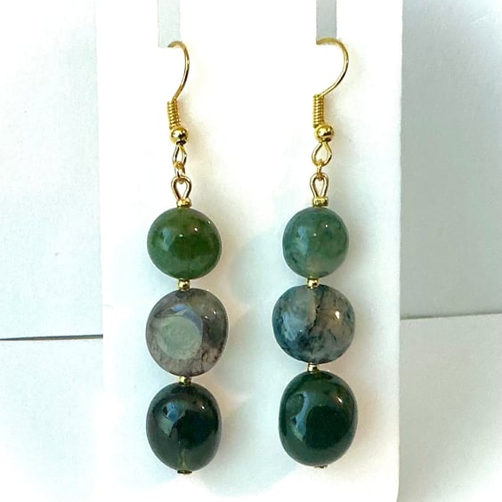 Dark Green Moss Agate Gemstone Earrings