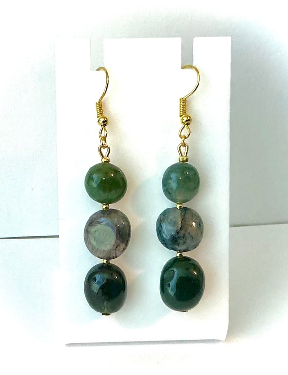 Dark Green Moss Agate Gemstone Earrings
