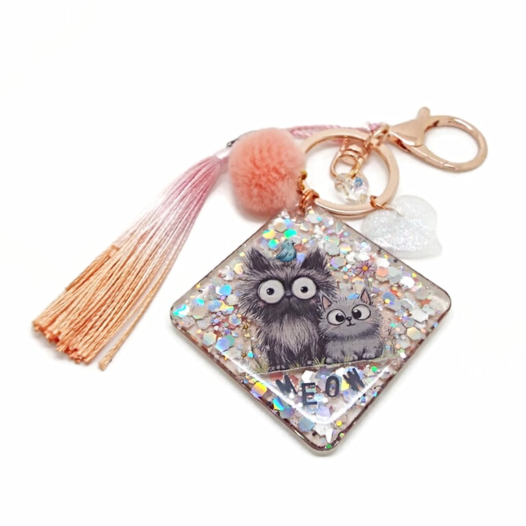 Funny Cats Bag Charm in Rose Gold with Austrian Crystal Heart