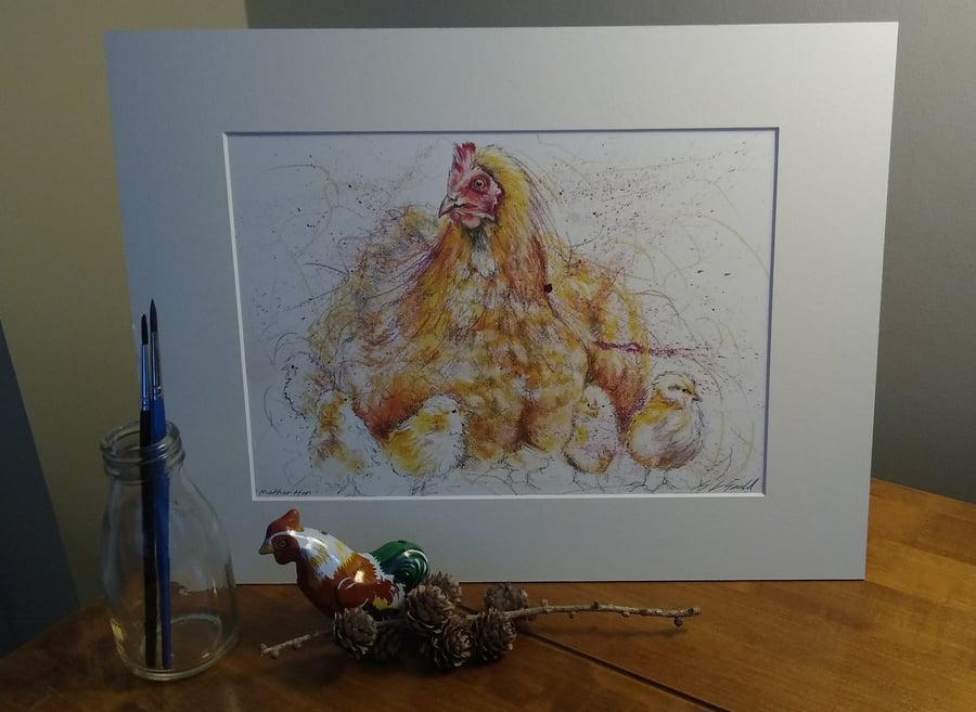 An A4 or A3 signed print of an original painting of a Mother hen with chicks