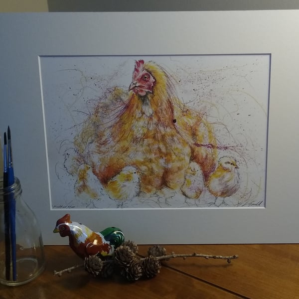 An A4 or A3 signed print of an original painting of a Mother hen with chicks