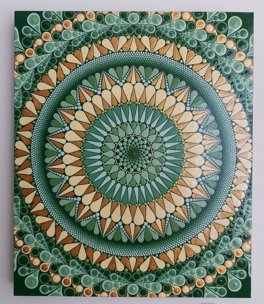 Green and Gold Mandala on Wood Panel