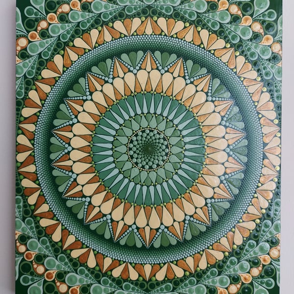 Green and Gold Mandala on Wood Panel