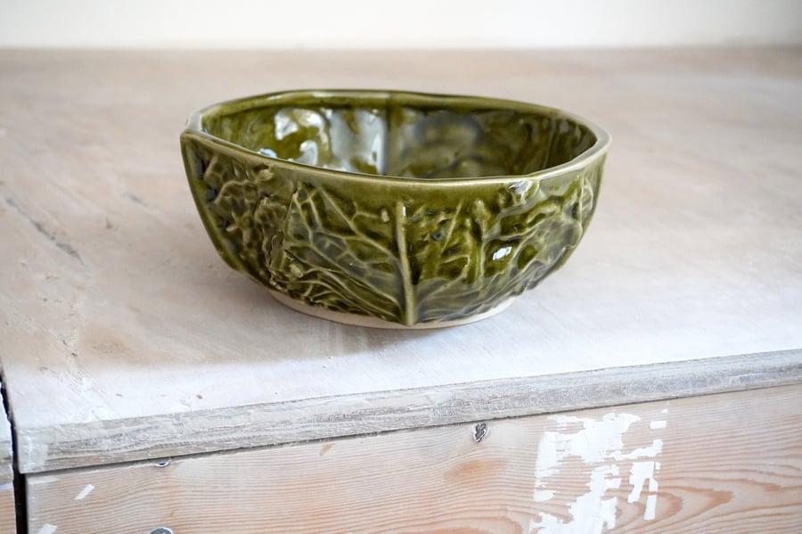 Cabbage leaf textured stoneware pottery kitchenware bowl glazed in green