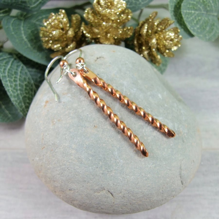Earrings, Sterling Silver & Copper Long Elegant Spiral Twist Droppers