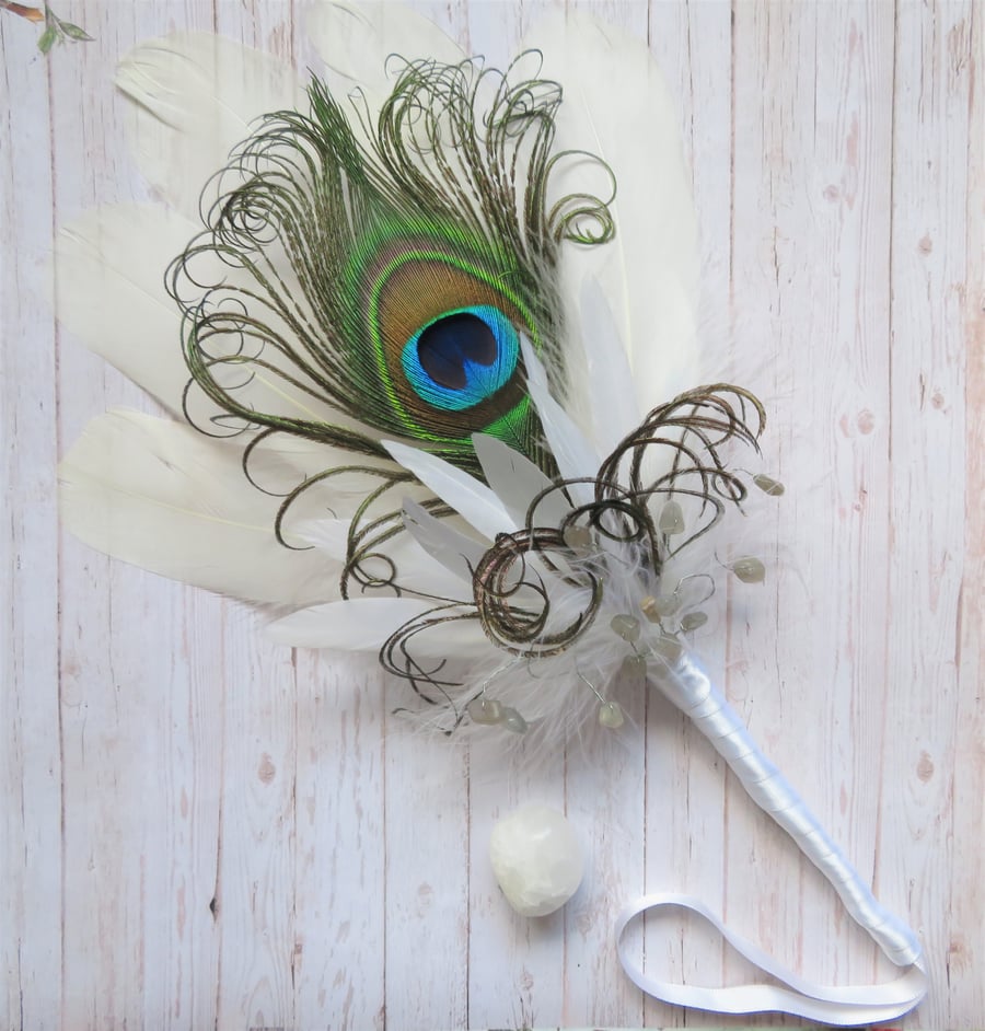 Ivory White Peacock Feather & Gemstone Wedding Bridal Fan or Smudging Fan Wand