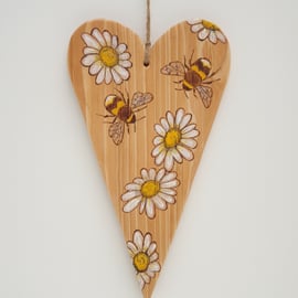 Wooden heart hanging decoration, pyrography bees and daisies