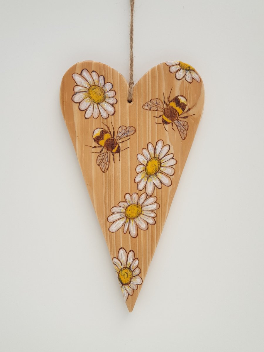 Wooden heart hanging decoration, pyrography bees and daisies