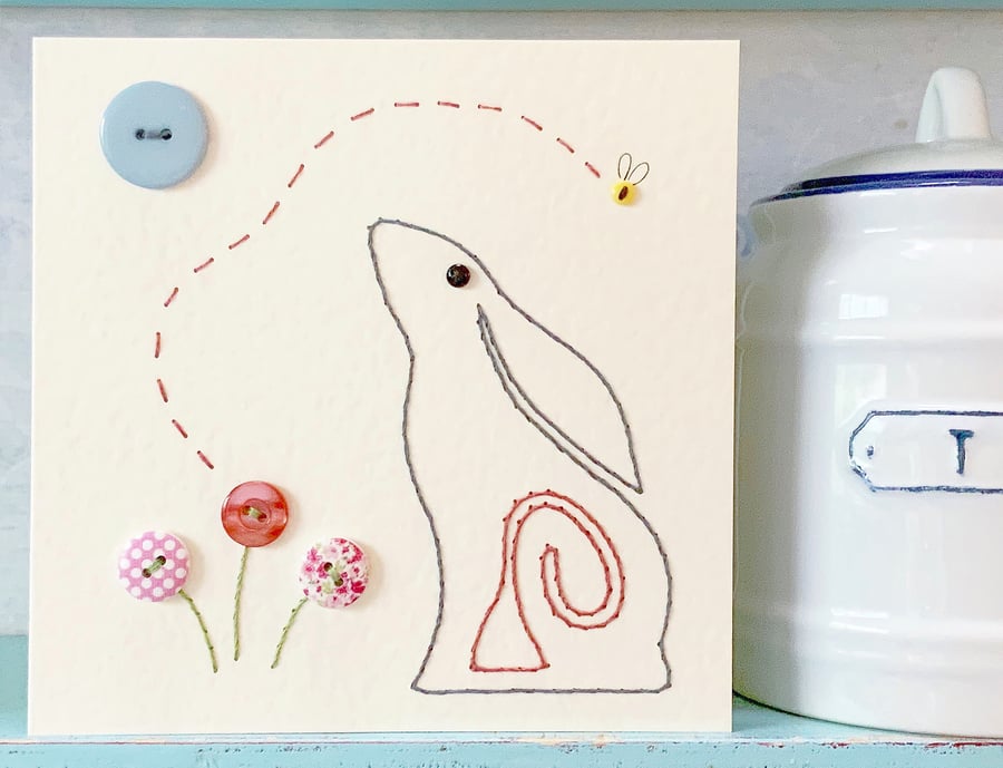 Hare Card. Hand Sewn Card. Embroidered Card. Blank Card. Animal Card.