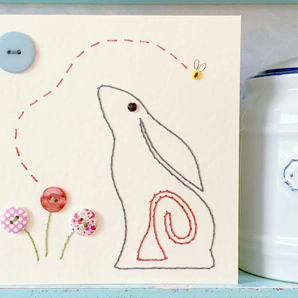 Hare Card. Hand Sewn Card. Embroidered Card. Blank Card. Animal Card.