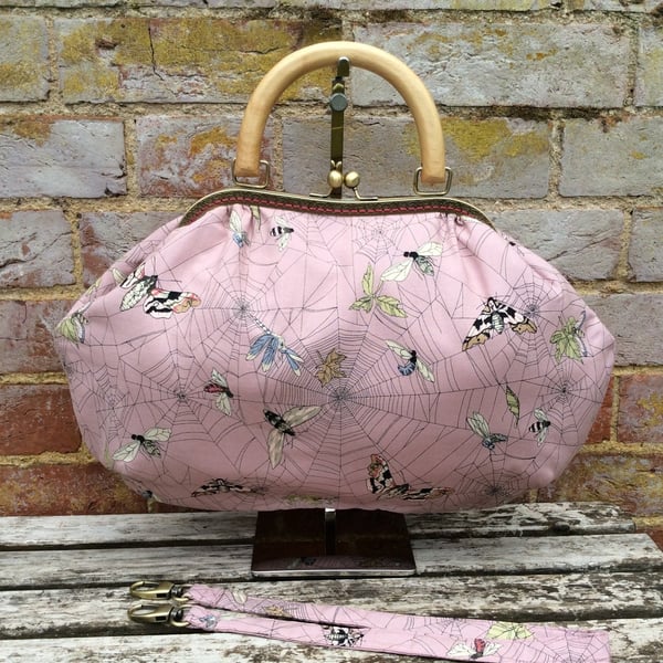 Gothic web & moth large fabric frame handbag Shoulder bag clasp handle strap
