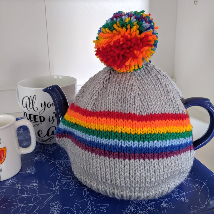 SALE Rainbow stripe knitted tea cosy