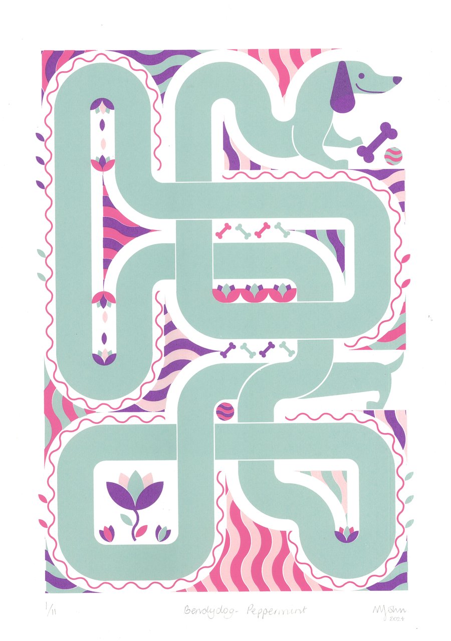 Original Screenprint of a Dachshund (Sausage dog) in a geometric pattern