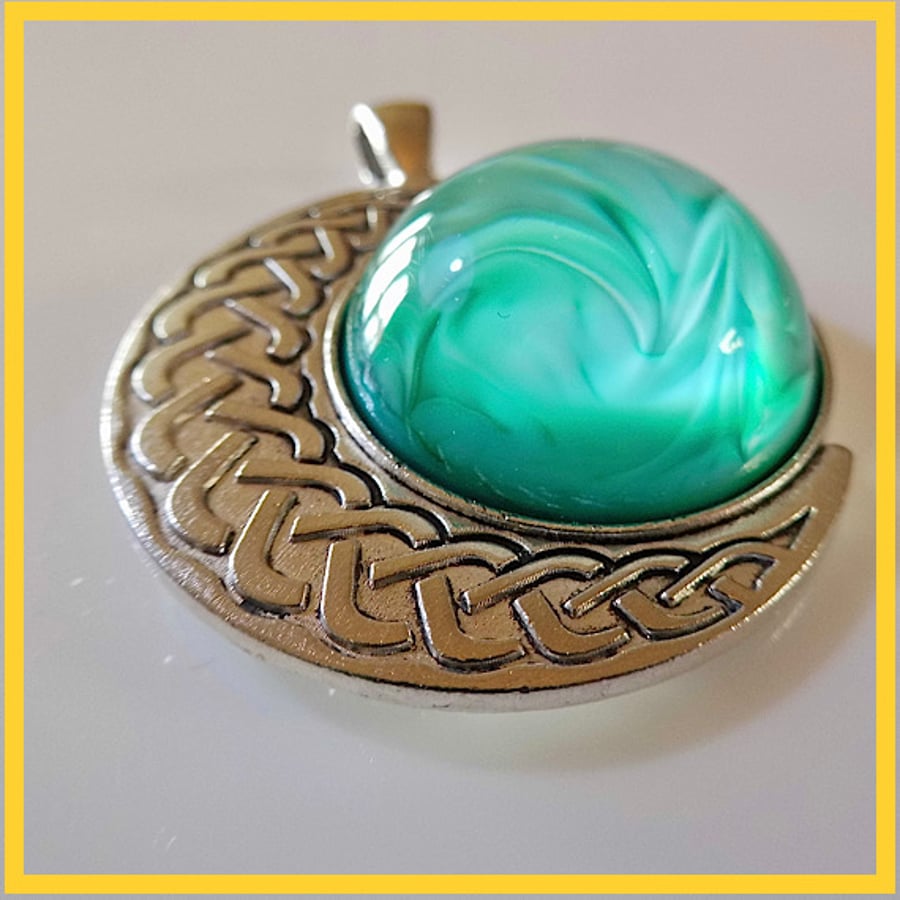 Celtic Moon Pendant, Hand Made Green Cabochon, Unique, TP153